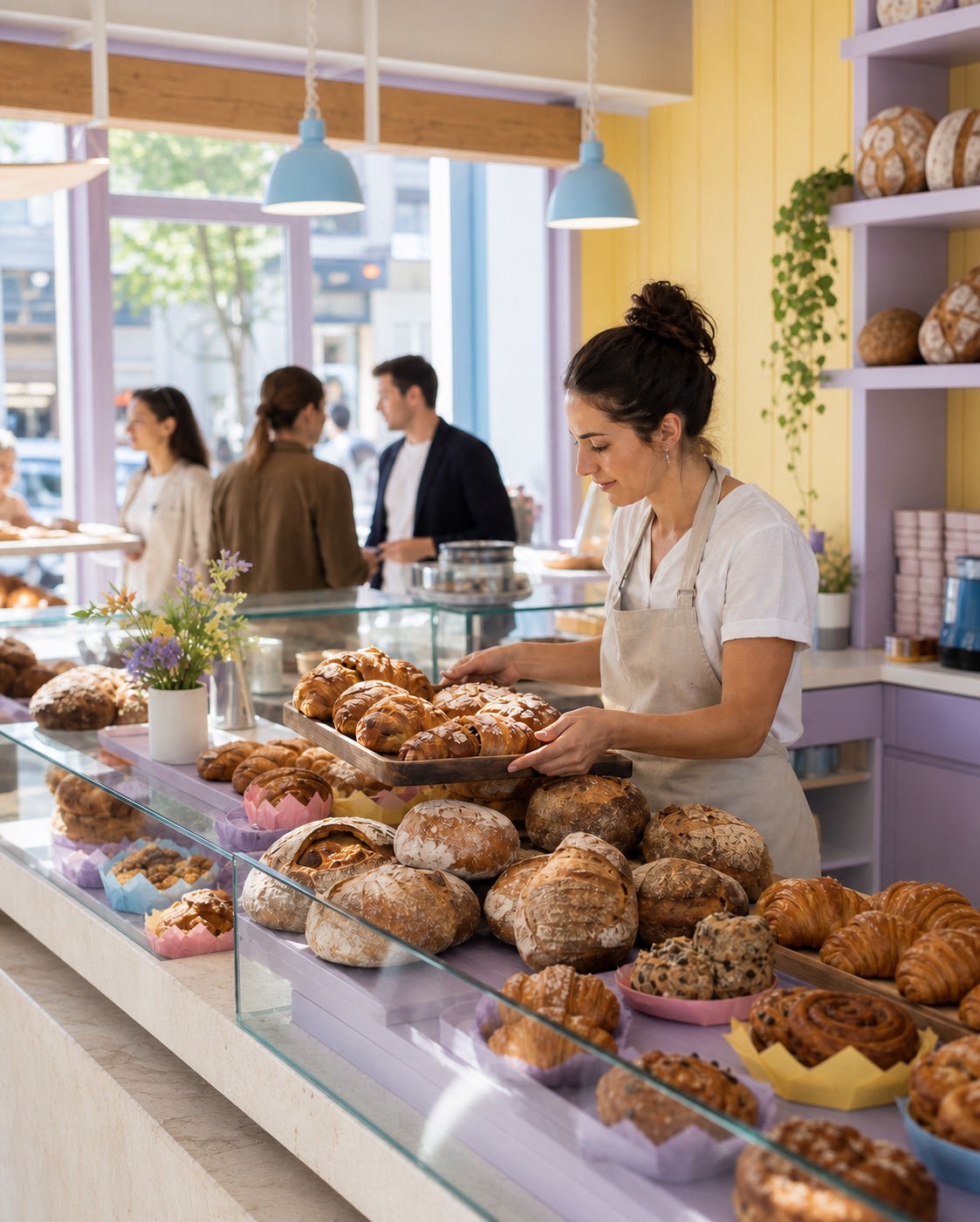 Baker arranging fresh bread and pastries in a bright bakery
