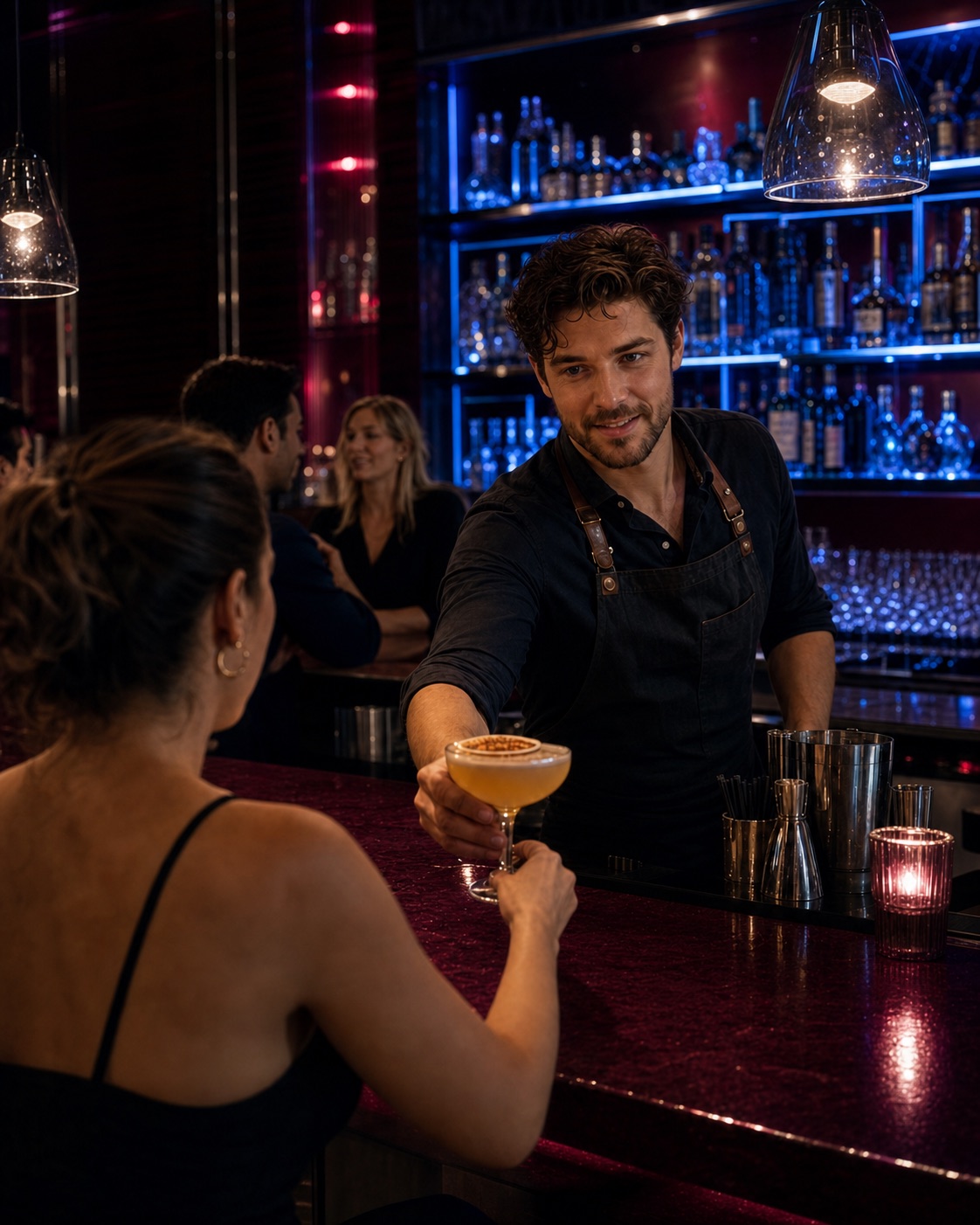 Bartender serving a cocktail in a vibrant evening bar