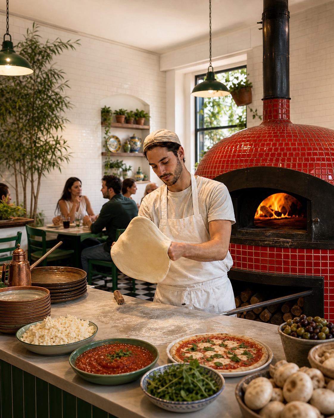 Pizza maker working beside a red tiled wood-fired oven