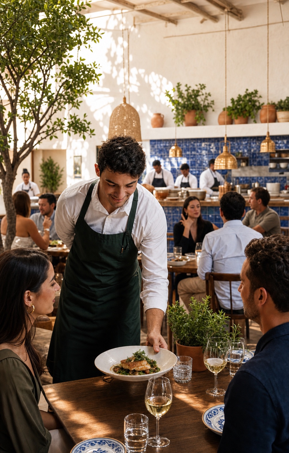 Waiter serving guests in a bright modern restaurant